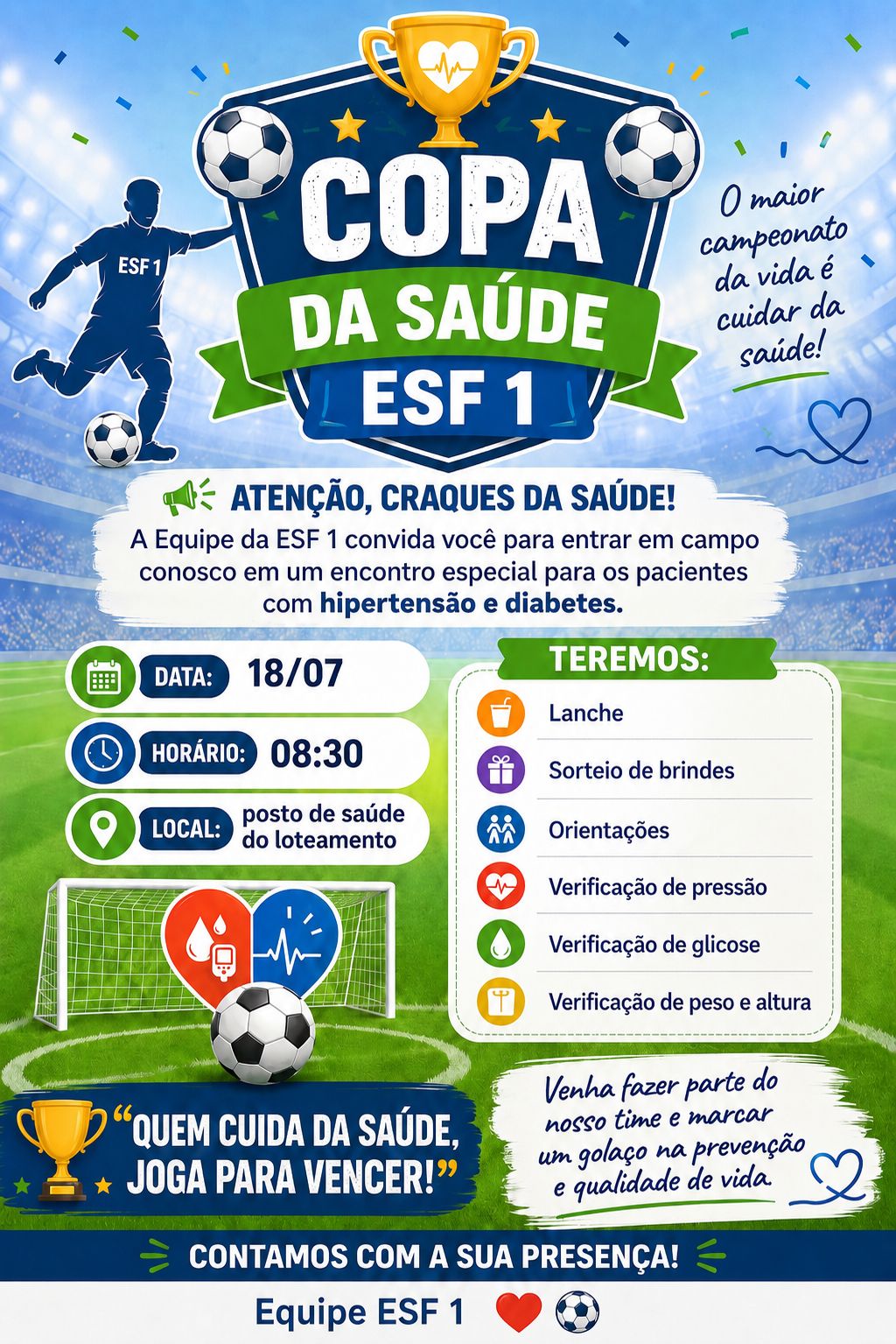 Copa da Saúde  promove prevenção e cuidado para pacientes com hipertensão e diabetes